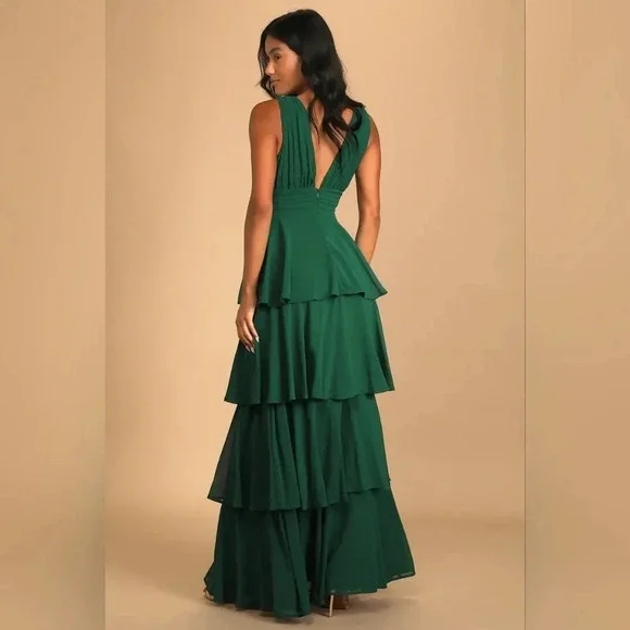 Lulus Amazing Evening Hunter Green Tiered Maxi Dress Size M Wedding Party Formal - Picture 5 of 10